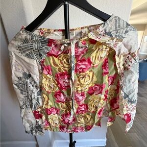 elevenses Olive Floral Tie-Neck Peasant Blouse with Pink & Yellow Roses